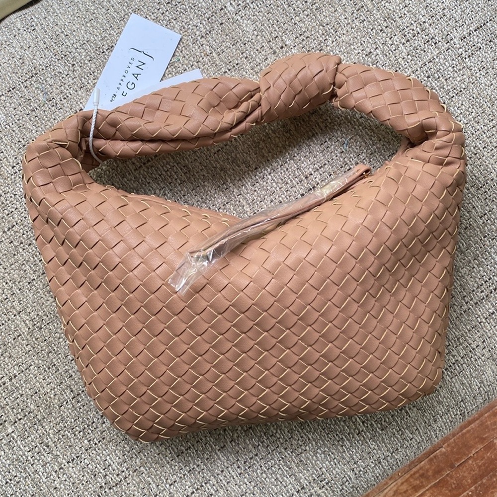 Woven tan vegan leather bag